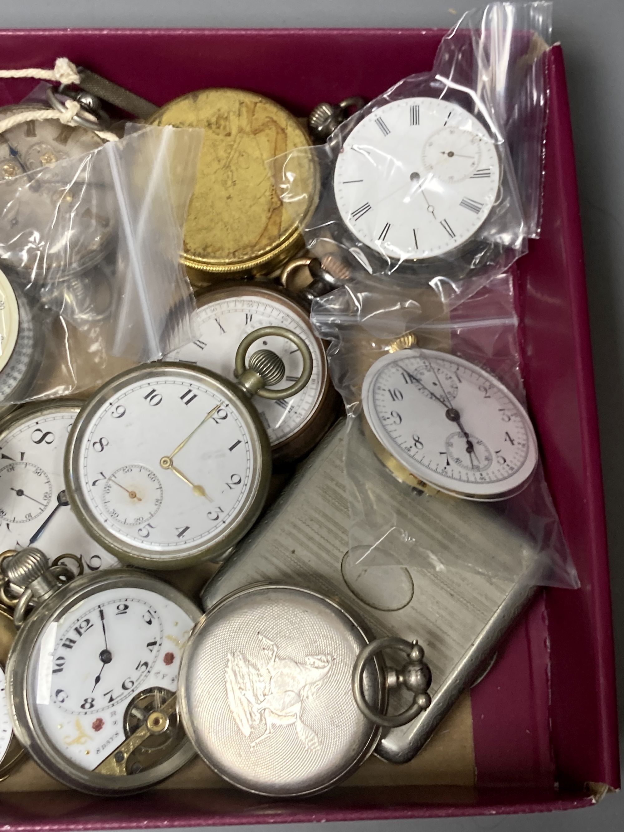 A group of assorted bass metal pocket and fob watches and a small quantity of movements.